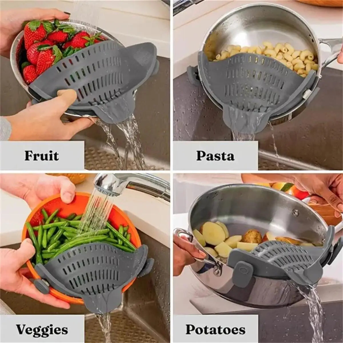 Clip-On Pot Strainer for Pots & Pans – Adjustable Kitchen Pasta & Vegetable Strainer