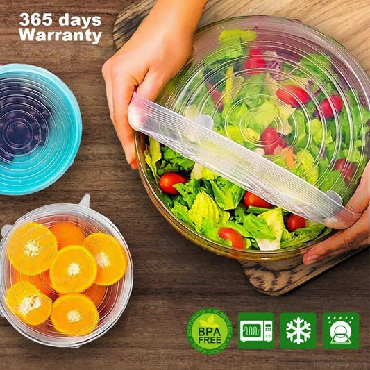6PCS Reusable Silicone Stretch Lids – Universal Elastic Food Covers for Bowls, Containers & Microwave