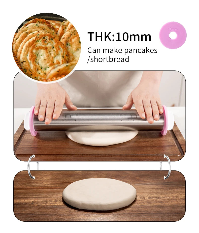 Stainless Steel Adjustable Rolling Pin with 4 Thickness Rings – Dough Roller for Pizza, Cookies & Baking