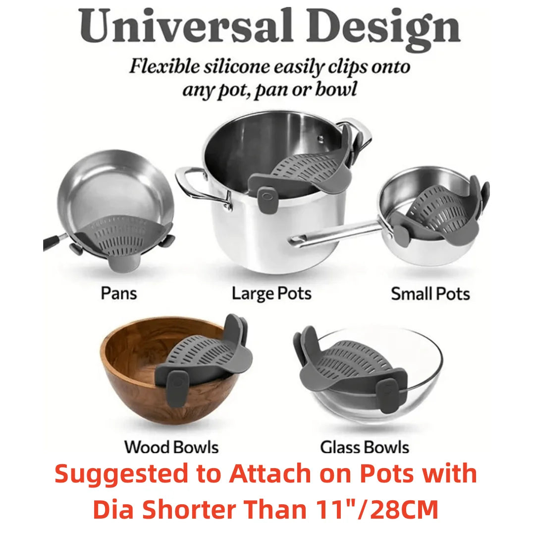 Clip-On Pot Strainer for Pots & Pans – Adjustable Kitchen Pasta & Vegetable Strainer