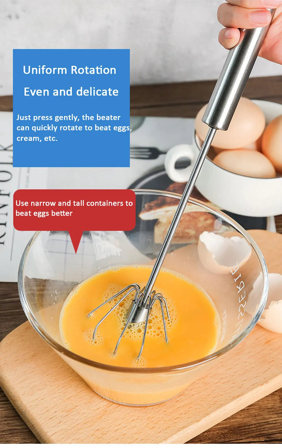 Stainless Steel Semi-Automatic Egg Beater – Manual Hand Whisk Mixer for Baking & Cooking