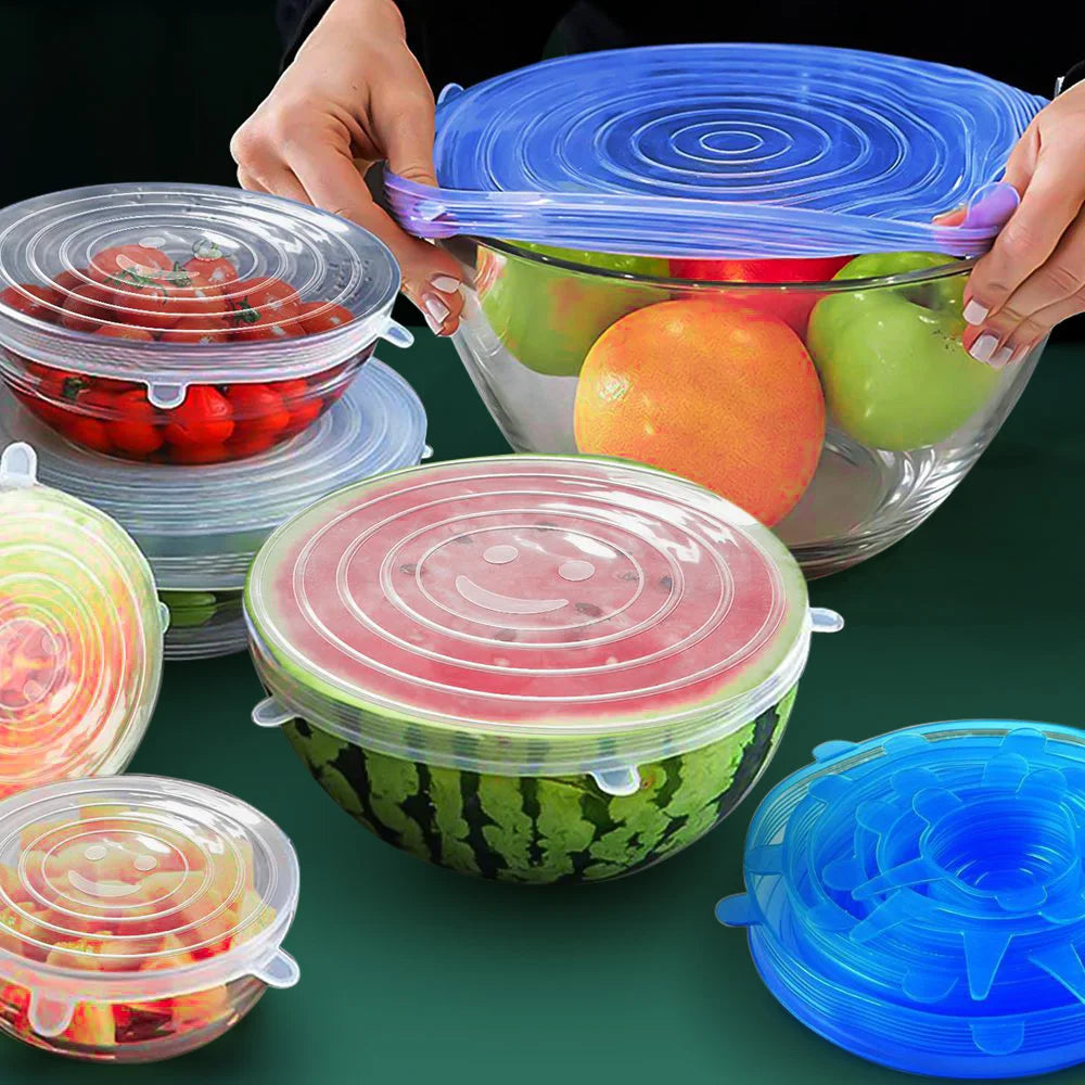 6PCS Reusable Silicone Stretch Lids – Universal Elastic Food Covers for Bowls, Containers & Microwave