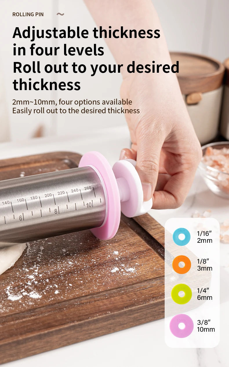 Stainless Steel Adjustable Rolling Pin with 4 Thickness Rings – Dough Roller for Pizza, Cookies & Baking