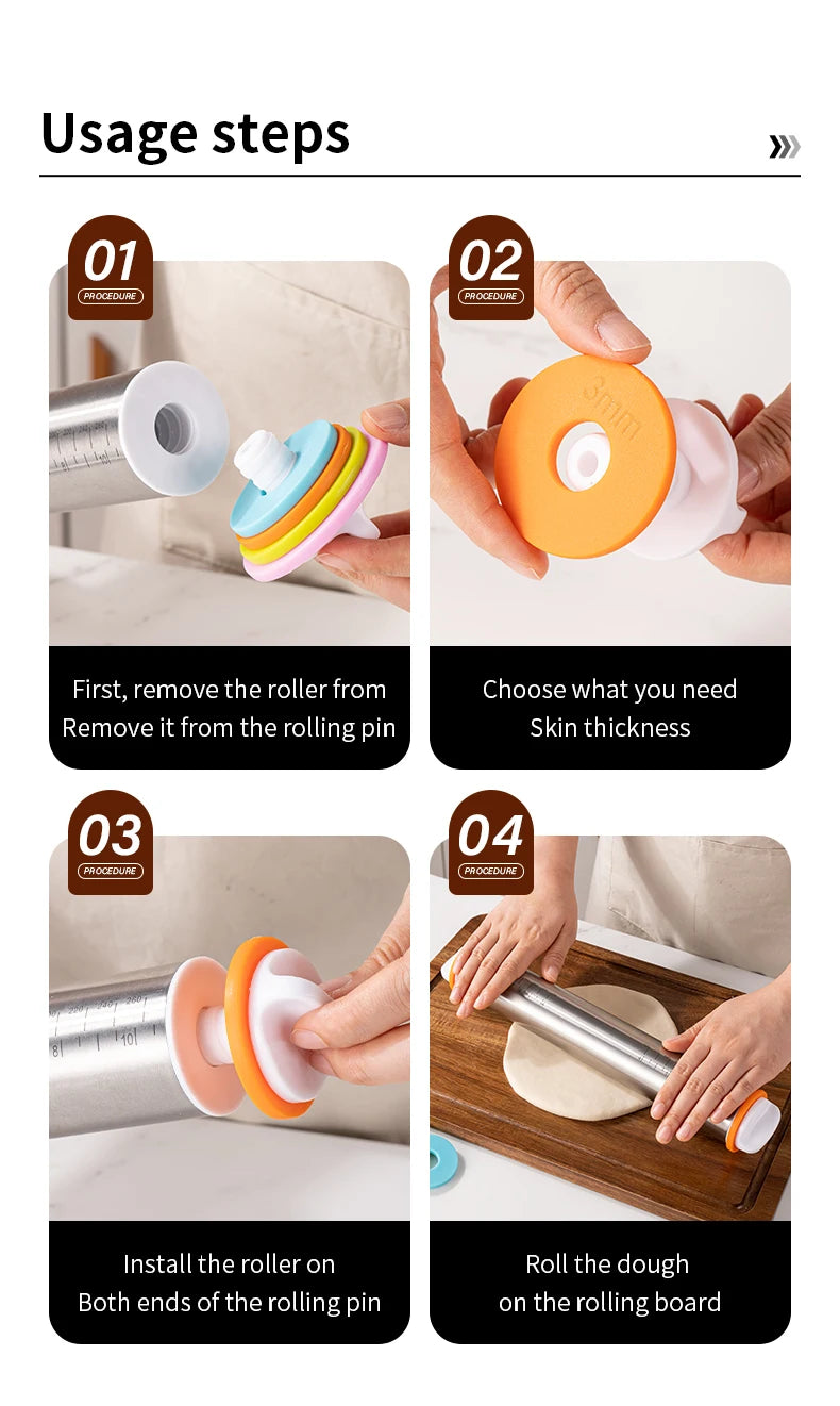 Stainless Steel Adjustable Rolling Pin with 4 Thickness Rings – Dough Roller for Pizza, Cookies & Baking