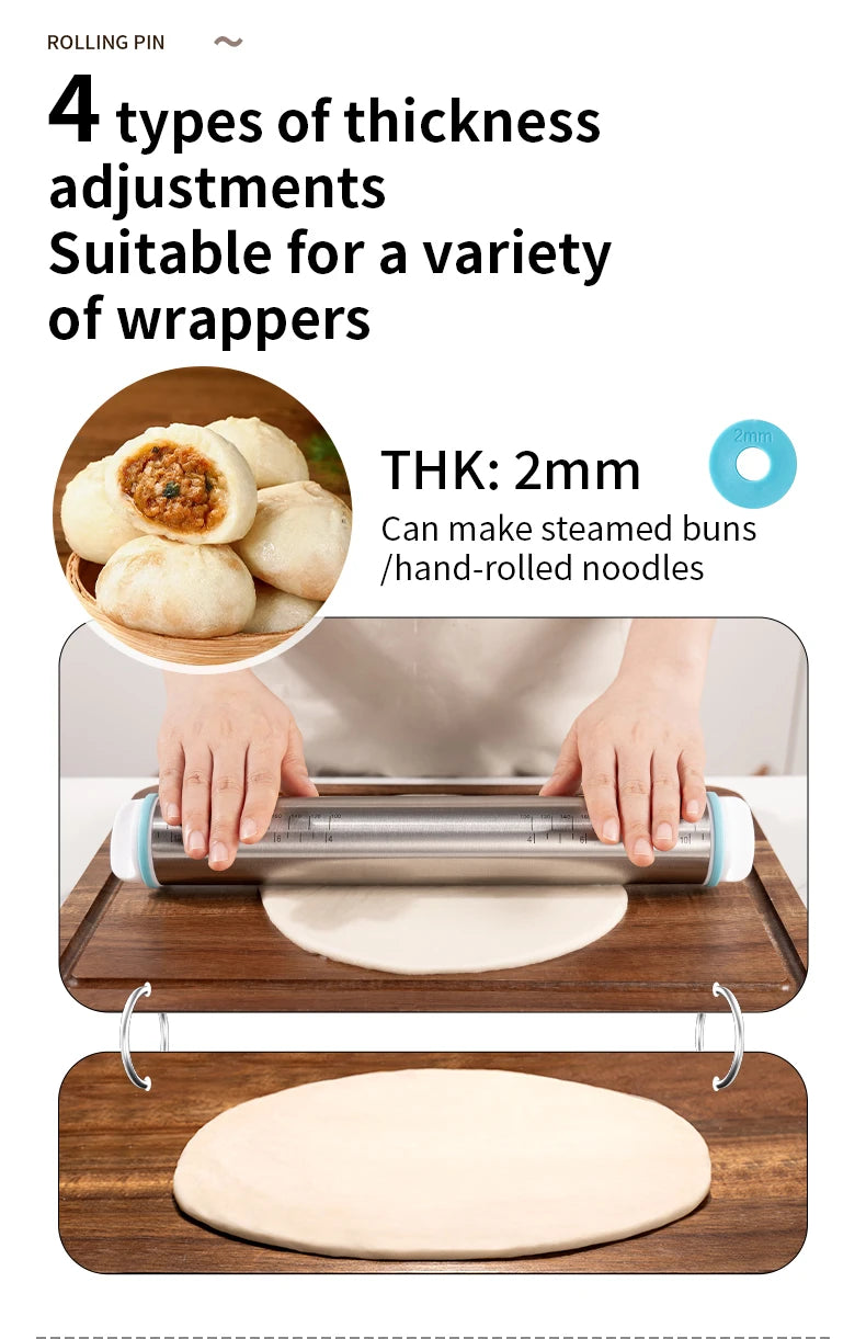 Stainless Steel Adjustable Rolling Pin with 4 Thickness Rings – Dough Roller for Pizza, Cookies & Baking