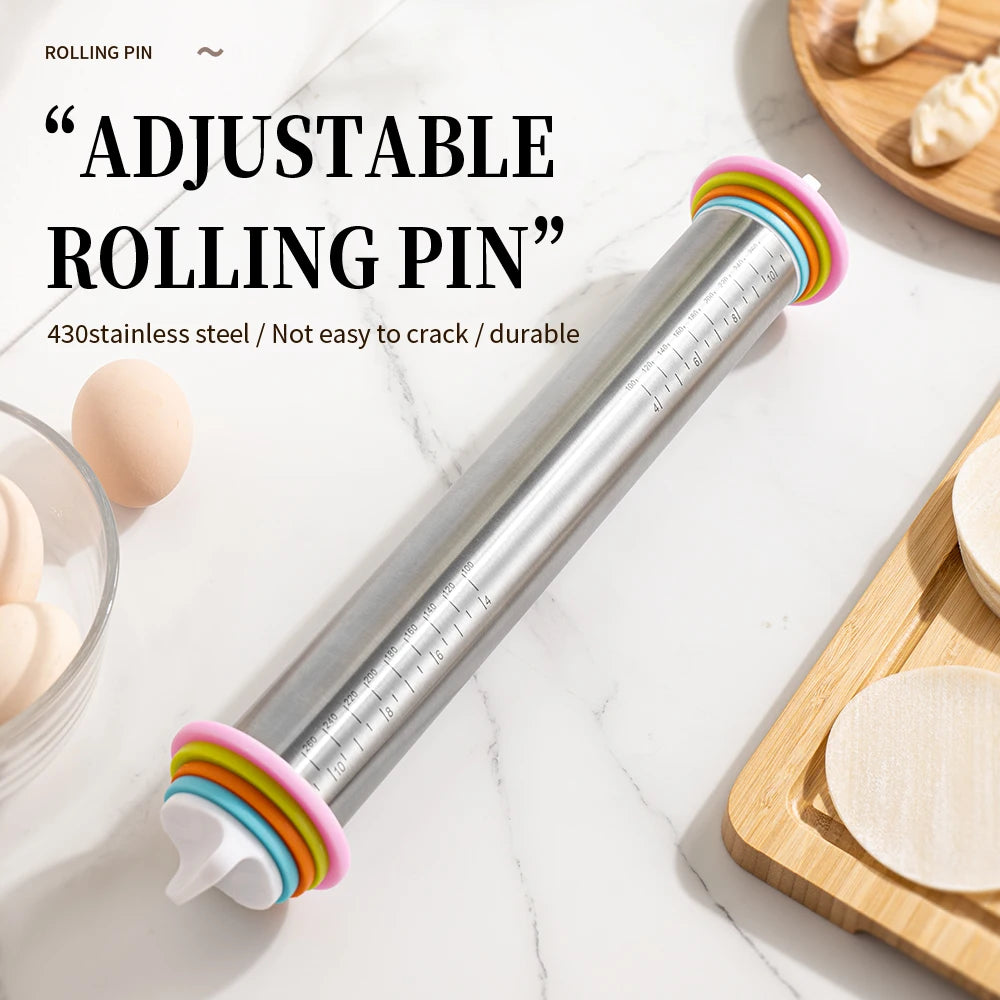 Stainless Steel Adjustable Rolling Pin with 4 Thickness Rings – Dough Roller for Pizza, Cookies & Baking