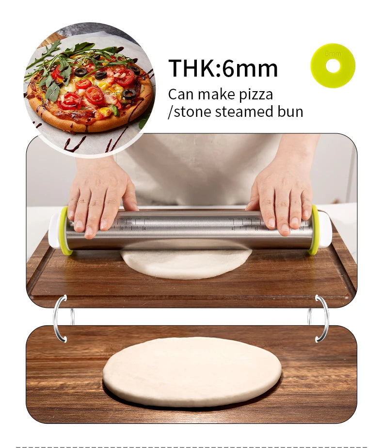 Stainless Steel Adjustable Rolling Pin with 4 Thickness Rings – Dough Roller for Pizza, Cookies & Baking
