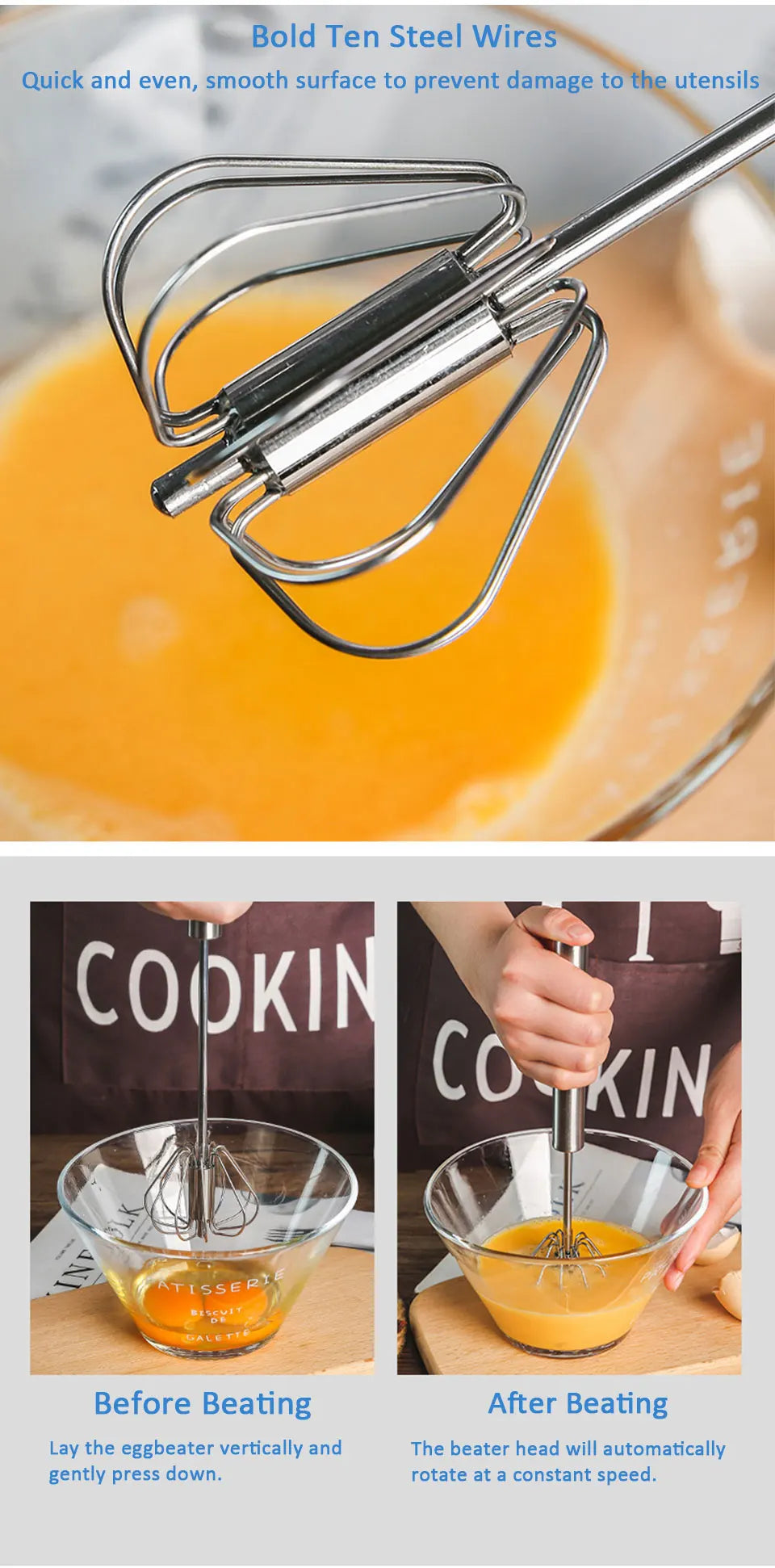 Stainless Steel Semi-Automatic Egg Beater – Manual Hand Whisk Mixer for Baking & Cooking