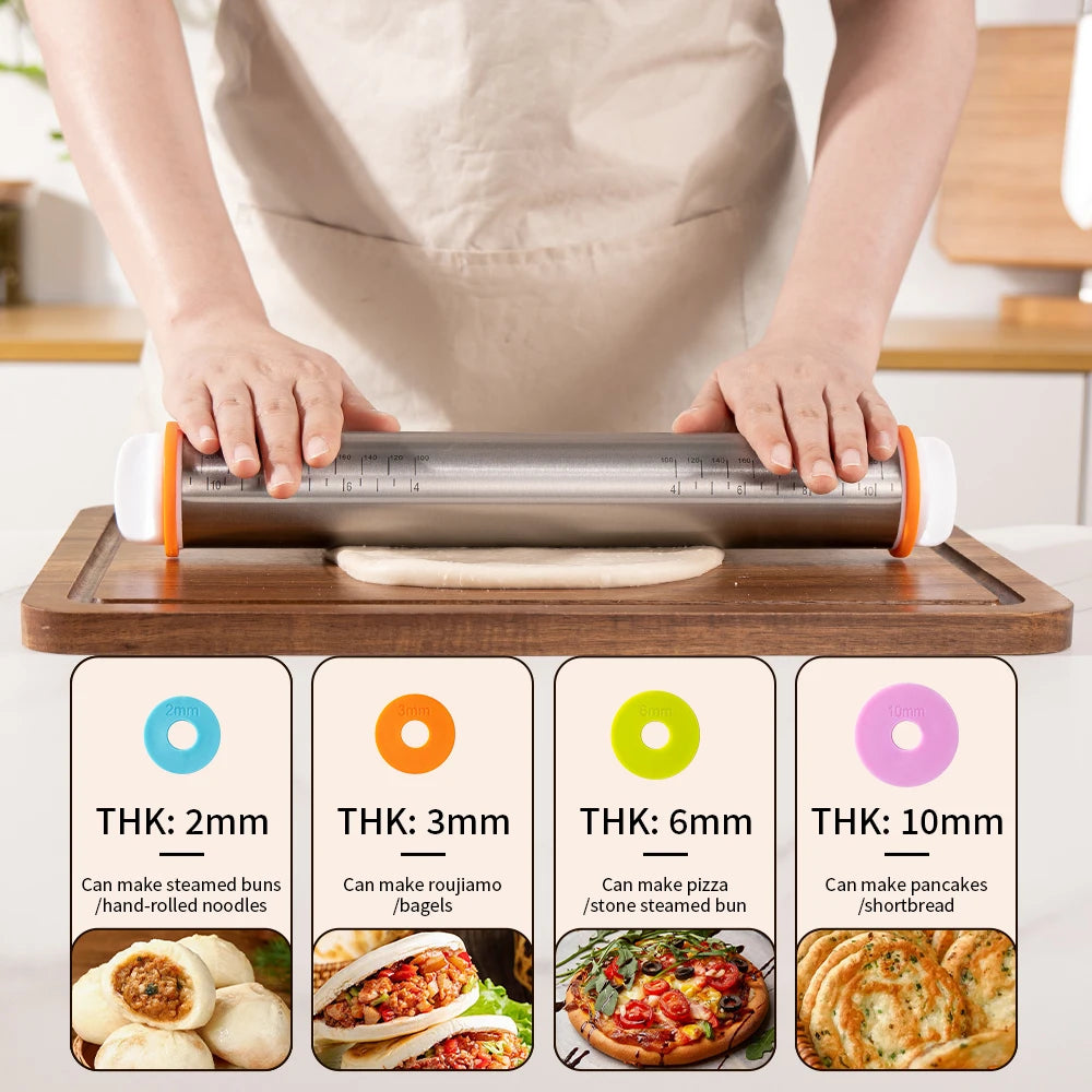 Stainless Steel Adjustable Rolling Pin with 4 Thickness Rings – Dough Roller for Pizza, Cookies & Baking