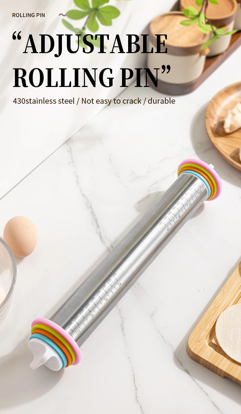 Stainless Steel Adjustable Rolling Pin with 4 Thickness Rings – Dough Roller for Pizza, Cookies & Baking