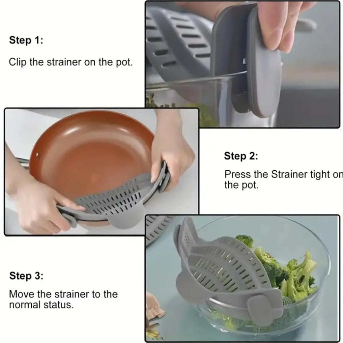 Clip-On Pot Strainer for Pots & Pans – Adjustable Kitchen Pasta & Vegetable Strainer