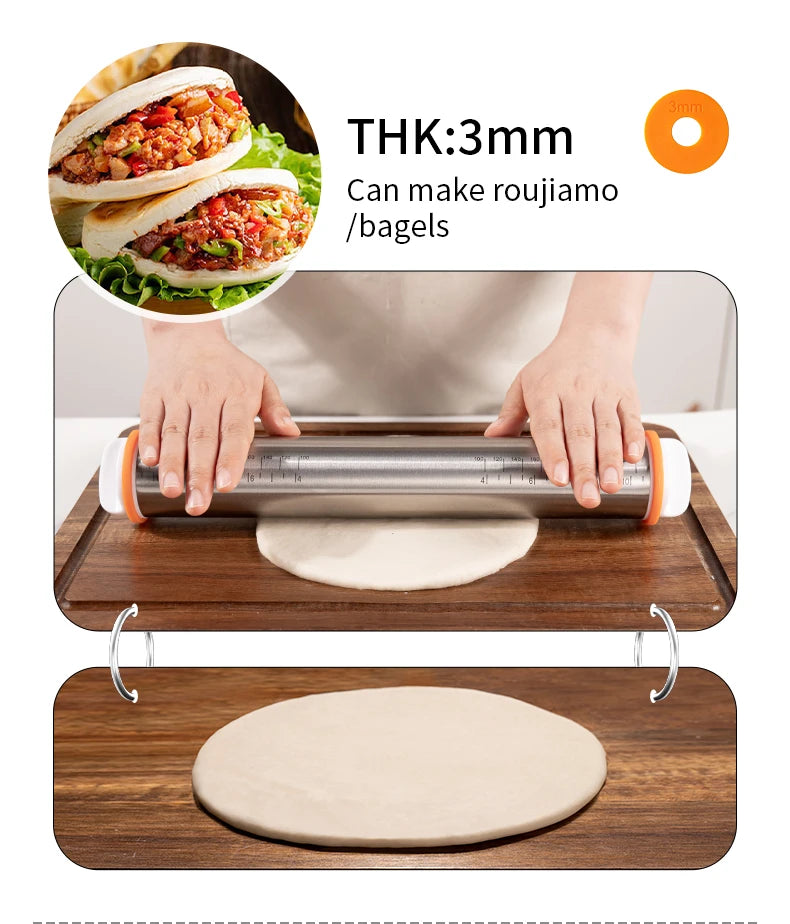 Stainless Steel Adjustable Rolling Pin with 4 Thickness Rings – Dough Roller for Pizza, Cookies & Baking